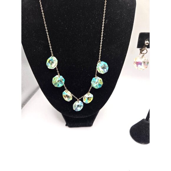 Vintage STERLING Silver Aurora Borealis Crystal Necklace & Clip on Earring Set - Picture 2 of 8